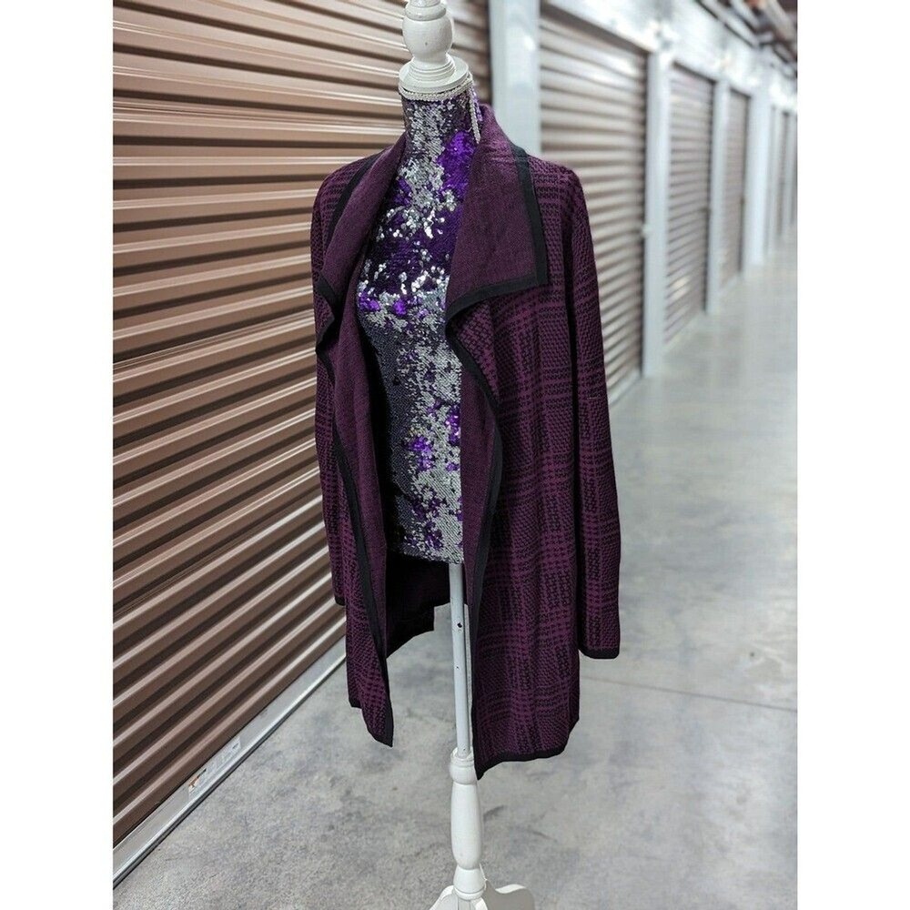 Purple & Black Houndstooth Collared Cardigan Sweater with Belt Quiet Luxury XL - Picture 3 of 9